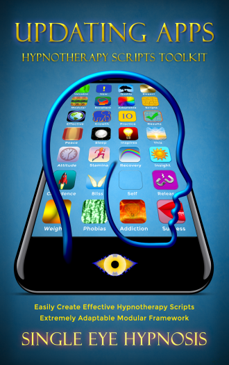 hypnosis guide represented by a human head enclosing many 'apps' which may be used by the mind all in gentle blue tones