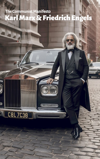 Karl Marx stands on Wall Street beside a shining Rolls Royce dressed like a successful industrialist