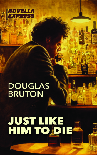 the cover of the novella Just Like Him To Die by Douglas Bruton shows Dylan Thomas sitting at bar with a huge array of whisky on the far wall behind him