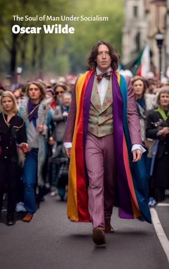 oscar wilde walks in a brightly coloured rainbow coat before a crowd of people